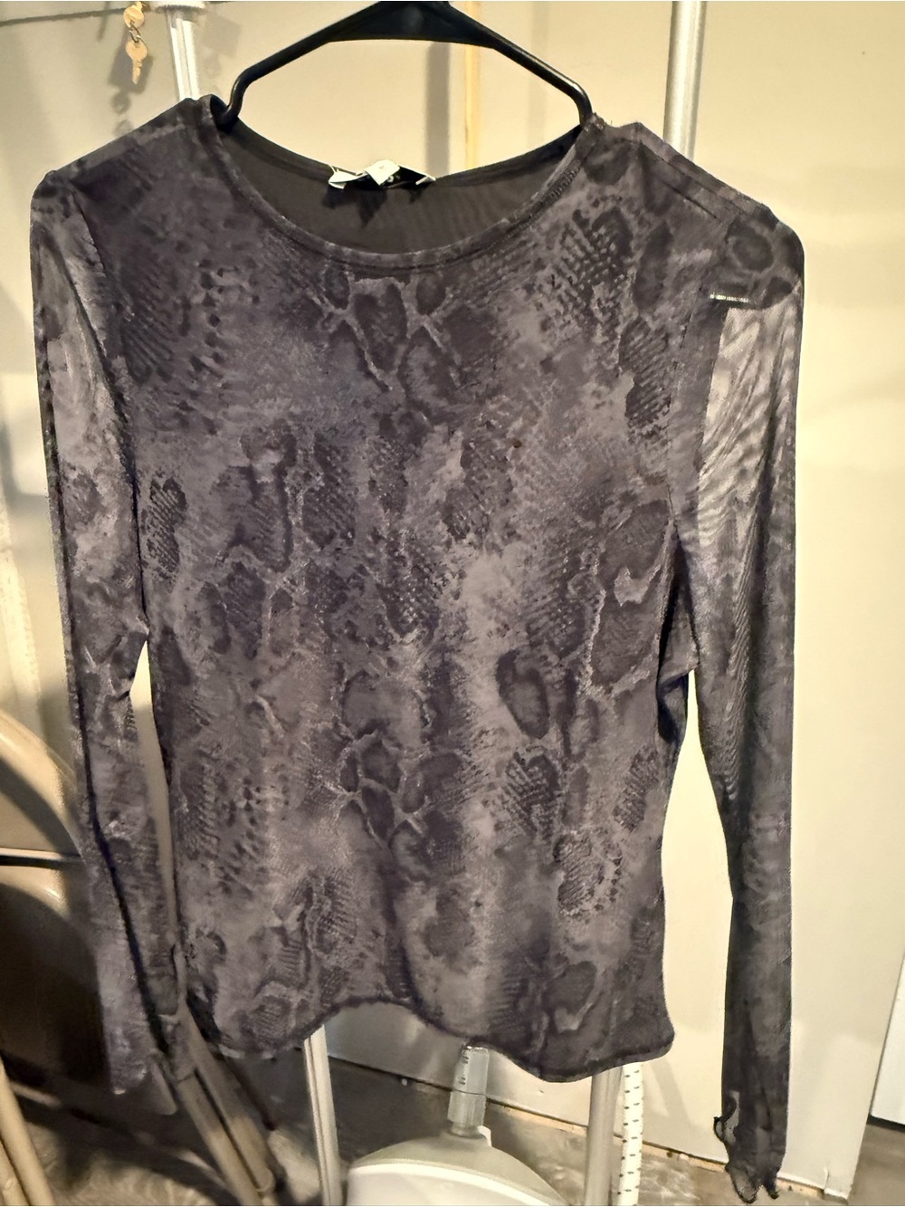 Gray Sheer Long-Sleeve Snake-Print Top